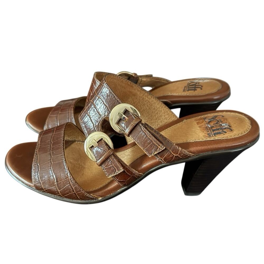 SOFFT Sandals Zane Brown Leather Faux Croc Print Heels Double Adj Straps 8M
